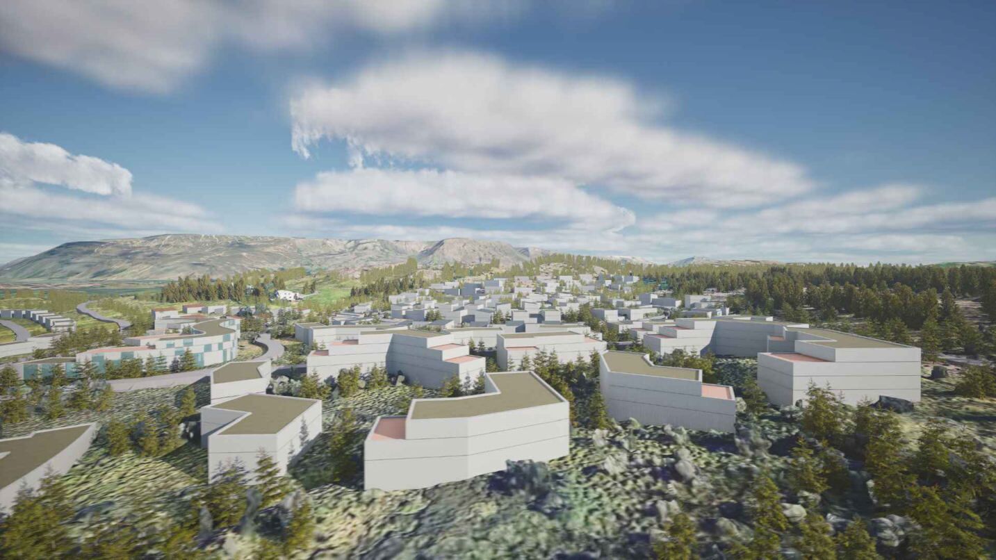 Loftmynd af Lágafellslandi með Esjuna í baksýn